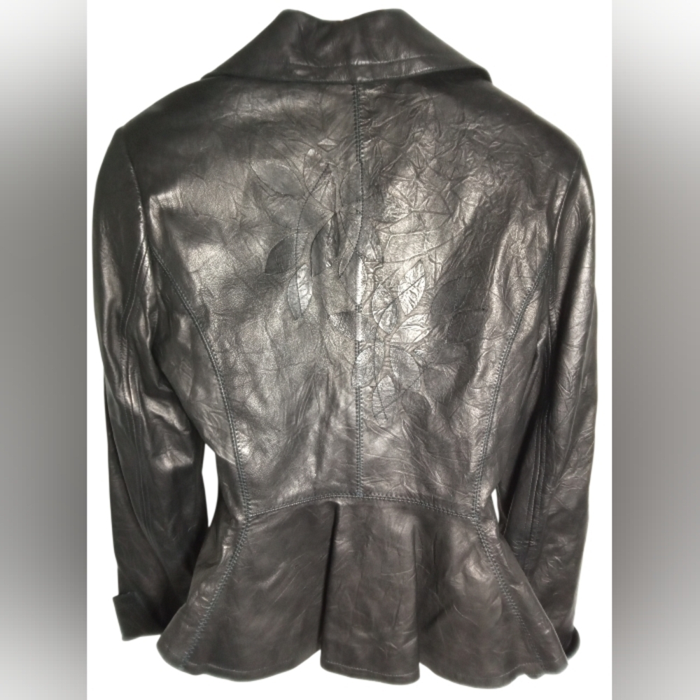People Like Frank Leather Moto Peplum Button Charcoal Black Leather Jacket Sz S - Picture 7 of 8